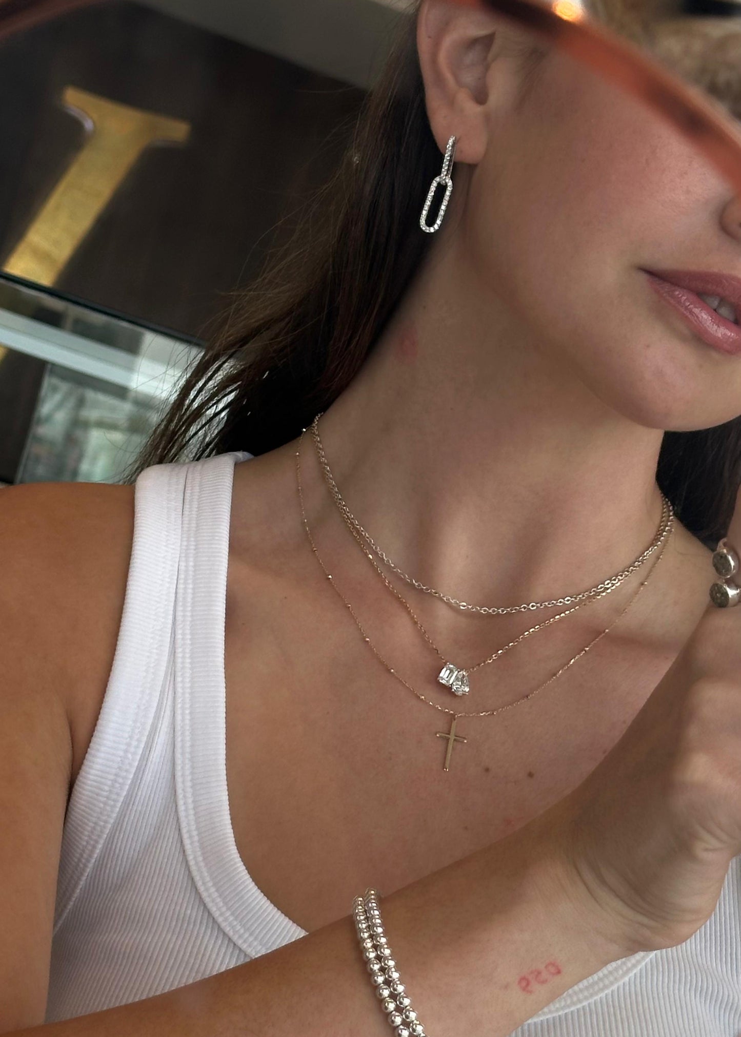 Aretes Doble Eslabón c/diamantes Oro